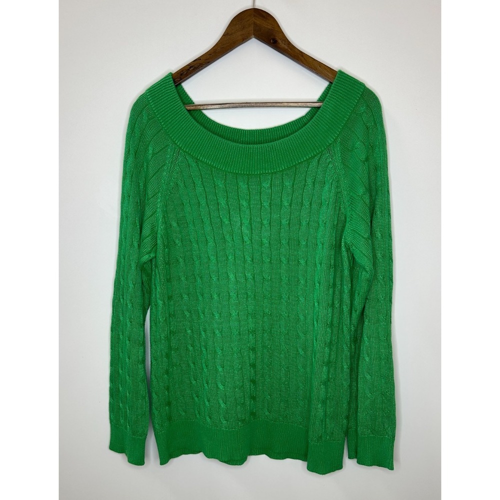 Lauren Ralph Lauren Cable Knit Wide Neck Cotton Blend Sweater XL Holiday Green - Picture 9 of 9
